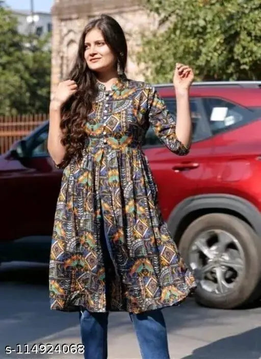 Black ethnic kurti with multi-color floral pattern