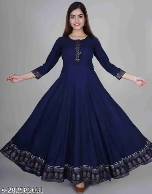Rayon Anarkali party dress, single-colored three-quarter sleeve, Indian kurti gown on hanger