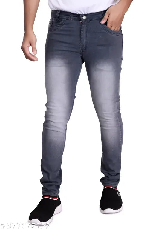 Grey denim men's casual jeans, durable and stylish with multiple pockets. Size: 28 (waist 28in, length 41in), 30 (waist 30in, length 41in), 32 (waist 32in, length 41in). Made in India