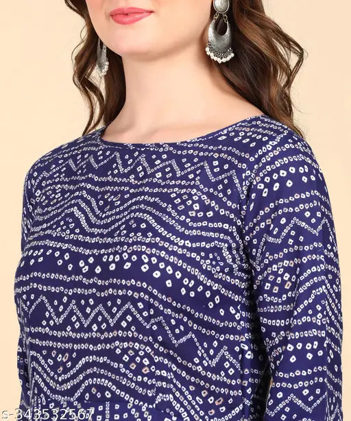 Cotton blend printed Anarkali kurti from Hiva Western collection - full sleeve, round style, size S (36in bust, 47in length), suitable for traditional wear and formal occasions