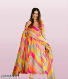 Women's white Georgette floral Anarkali kurti gown with dupatta, trending casual partywear for festivals and office events. Stitched long-sleeve, round neck, ankle length kurti with printed pattern and georgette fabric dupatta. Sizes available: S, M, L, XL, XXL (bust sizes 34in - 42in). Made in India