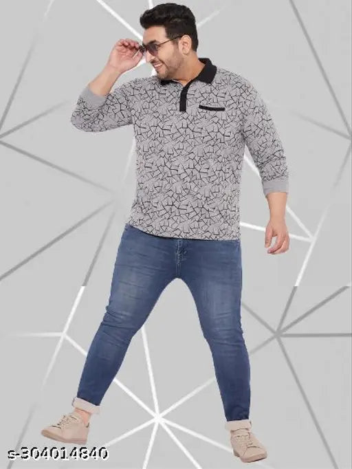 Wild West Mens Plus size Polo Neck Grey All Over Printed Full sleeve Tshirt for men
