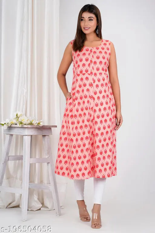 Sleeveless red and white floral print cotton anarkali kurti