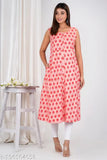 Sleeveless red and white floral print cotton anarkali kurti