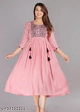 Embroidered viscose rayon Anarkali kurta, three-quarter sleeves, printed combo - Women's Indian fashion, S (26in bust, 50in length), M, L