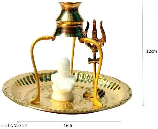 Marble Shivling Shiva Ling with brass plate, gold-toned Trishul and stand - Ornate Hindu god idol (10cm x 10cm x 10cm) for daily puja and blessing in Indian homes