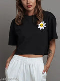 Black cotton blend oversized crop t-shirt, comfortable flower print for women's & girls, loose fit, half sleeves, round neck, India origin