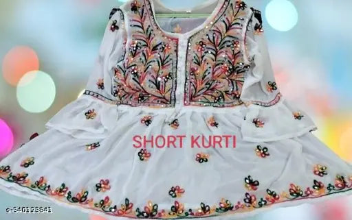 Indian Georgette Short Kurti, embroidered Lucknowi chikankari mirror work, three-quarter sleeves