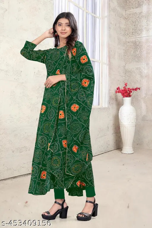 Green Georgette Gown with Floral Prints and Dupatta - Indian bridal wear with three-quarter sleeves and no bottom for special occasions