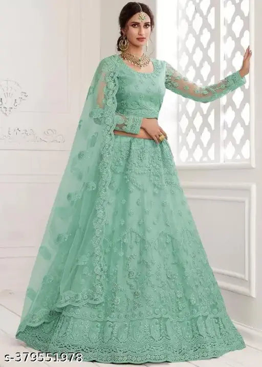 Fashionable net lehenga set, embroidered with intricate Indian motifs. Free size, 44 inch waist, 44 inch length, 2.1 inch dupatta length