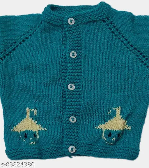 Blue woolen sweater set with cap & booties for 0-3 month baby, ideal for newborns