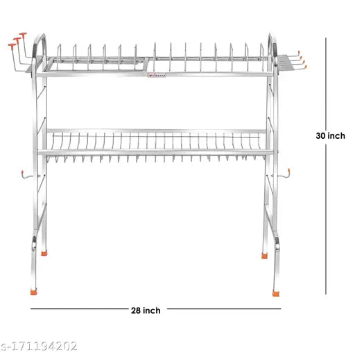 Stainless steel, space-saving dish drainer rack for kitchen organizer. Measures 30 x 28 inches, ideal for plates, cutlery, and kitchen utensils. Akaya Creations over sink design