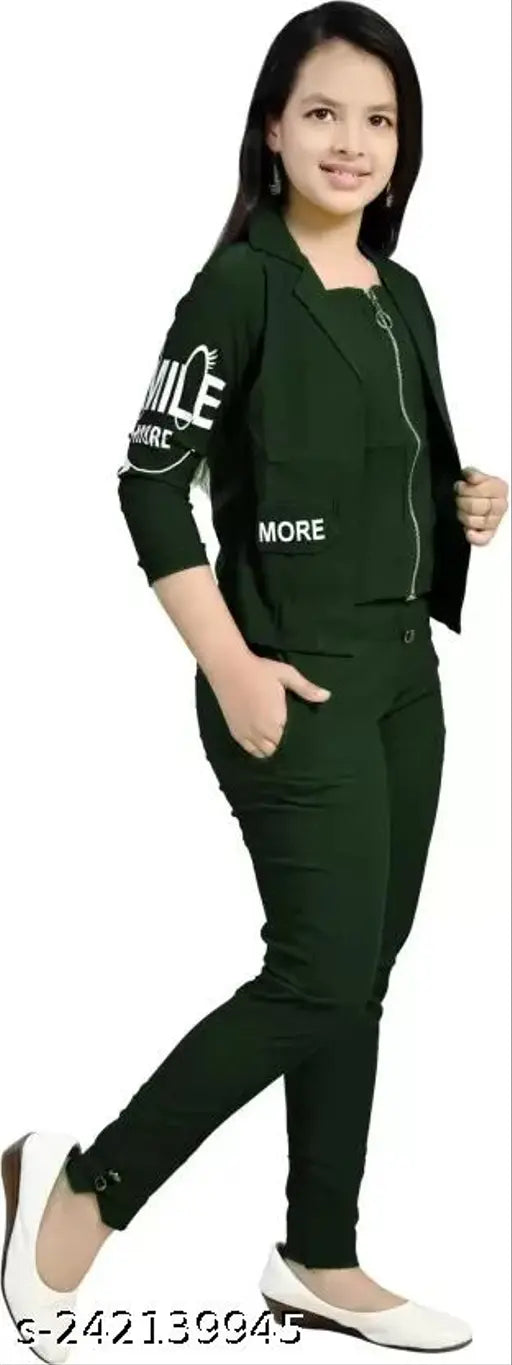 Green two-piece dress set for girls in various age groups, casual and party styles with print designs