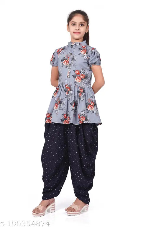 Printed crepe girl's coord set: anarkali top and dhoti pants, sizes 4-16 years, made in India