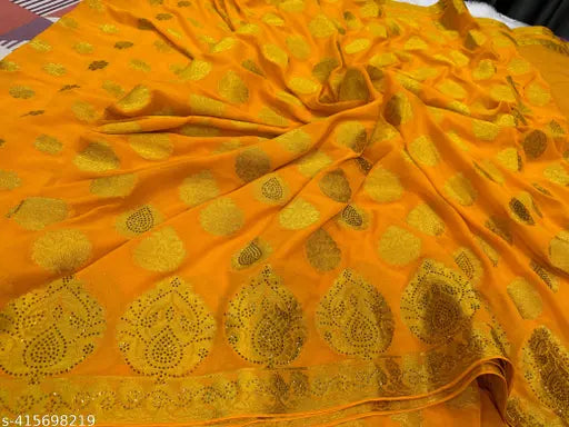 Golden Banarasi chiffon saree, free size with heavy seroski work and tassels, Indian-origin premium silk