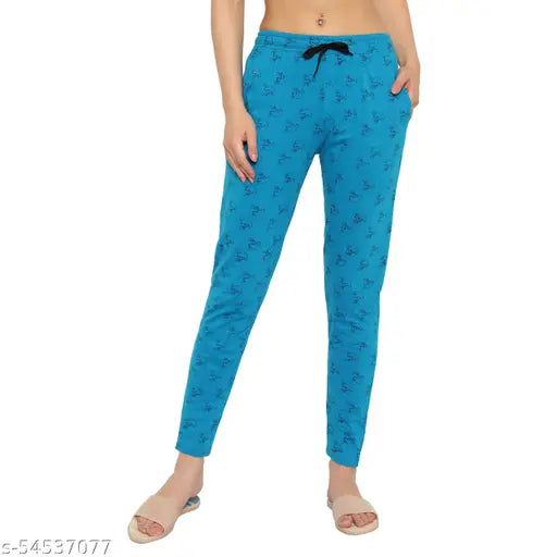 Blue printed cotton women's track pants, relaxed fit