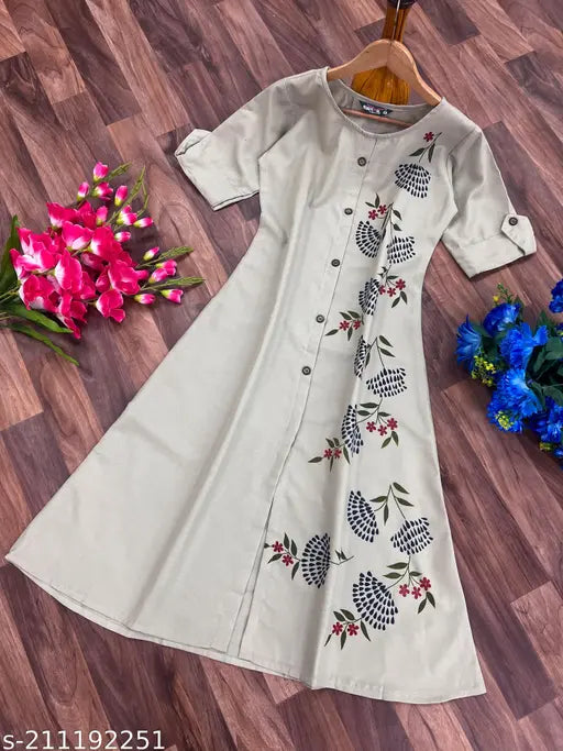 Slub cotton full-length half-sleeve kameez for women, embroidered detailing, traditional design
