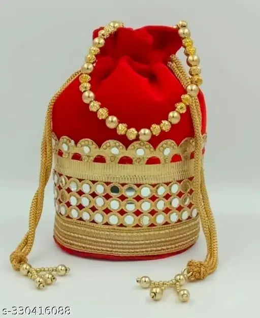 Red and gold sequin clutch purse, intricate beadwork, large decorative handle
