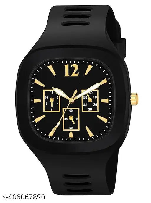 Men's casual square watch with analog display, silicone strap and ADDI design in black and gold color