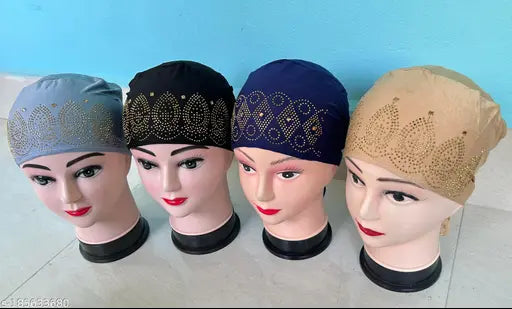 Cotton hijab caps in four colors, under scarves; 1 each blue, green, beige and white