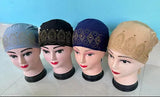 Cotton hijab caps in four colors, under scarves; 1 each blue, green, beige and white