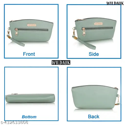 Sea green leather clutch with zip closure and side pocket