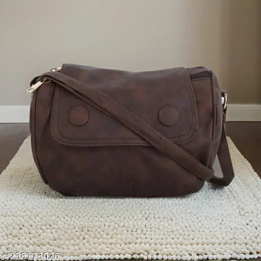 Brown leather glossy sling bag for women