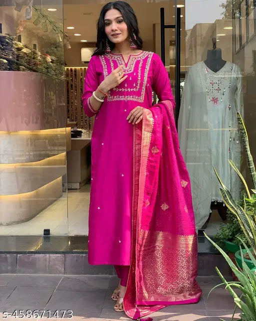Silk blend Adesh Kurta Set with Jacquard dupatta and viscose chanderi bottomwear, solid embroidery top and plain work, S-XXXL sizes available, Indian made