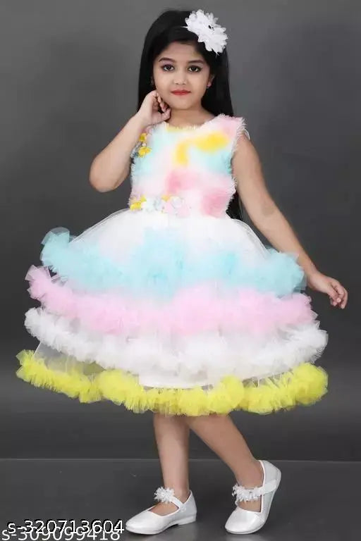 Multicolor net party dress for baby girls, colorblocked frock with sleeveless design