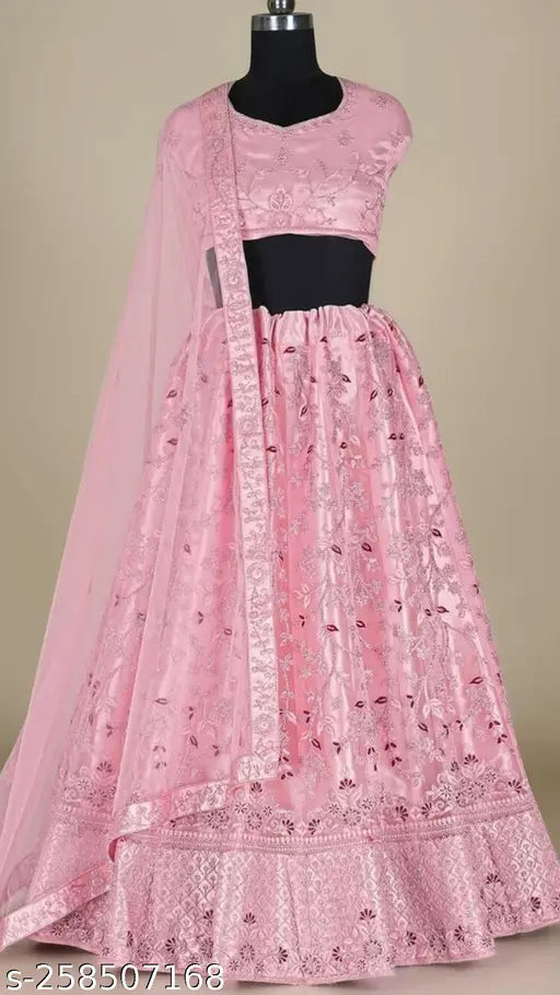 Soft pink net lehenga choli set with dupatta and semi-stitched blouse, embroidered designer work for women's traditional occasions. Indian handcrafted ethnic wear, free size with 2.5 meter dupatta length. Best gift for loved ones