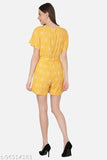 Rayon crepe yellow floral printed playsuit, short sleeves, v-neckline, two pockets, functional button front, zipper back, additional belt - Indian fashion trend