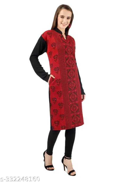 Mandarin maroon blouse with geometric pattern, V-neck
