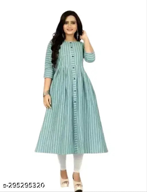 Green striped Layning cotton kurti with three-quarter sleeves, popular Indian fashion for women