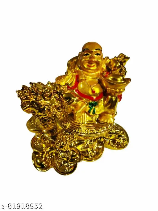 Golden laughing Buddha figurine on dragon statue, sitting on a cart, height 7cm