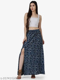 Blue flared cotton skirt with Bagru ethnic print for women's parties and events, size 32