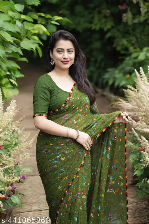 Warli printed georgette women's sari with lace border, suitable for daily wear