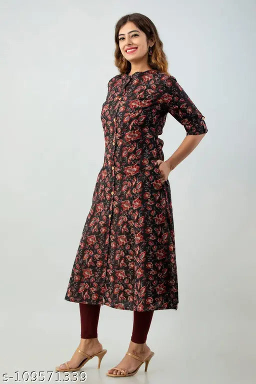 Beautiful floral print cotton kurti with pockets, three-quarter sleeves - Indian ethnic fashion