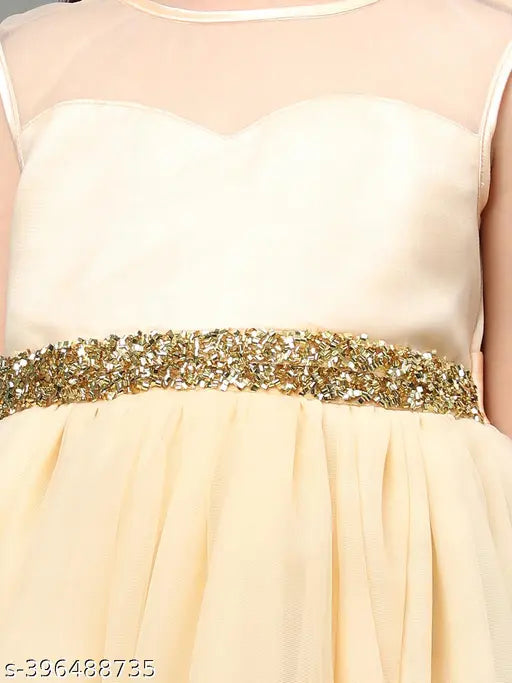 Golden sleeveless hi low embellished party dress for girls, toy balloon design
