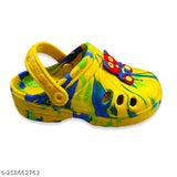 Yellow children's sandal with multicolored straps, featuring a blue flower charm
