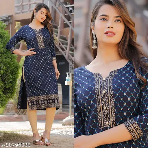 Rayon A-line straight Kurti for Women, three-quarter sleeves, printed combo, affordable office wear and daily wear