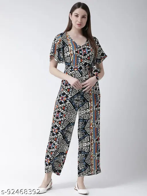Multicolor rayon printed jumpsuit by MsFQ, short sleeves, vibrant tropical pattern, women's size L