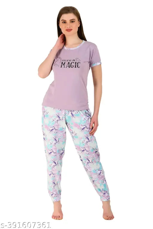 Denim Art printed cotton night suit, loose-fitting pyjamas for women, breathable hosiery fabric