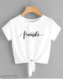 Trendy white crop top with friends print, Lycra fabric, short sleeves, size S-XL. Fashionable women's crop top on model