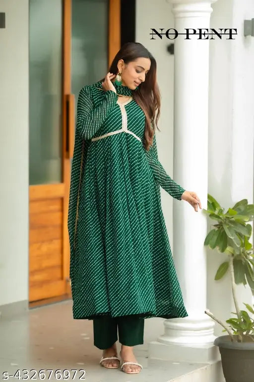 Green Georgette Kurti, long-sleeved printed design for party, casual, or office wear
