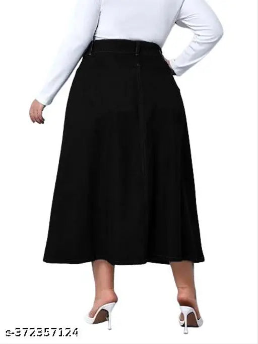 Black plus size denim A-line maxi skirt, solid design, home washable, adjustable waist, trendy and comfortable for all seasons, suitable for all body types, size 26-46 (waist sizes 26-46, length 32 in), made in India