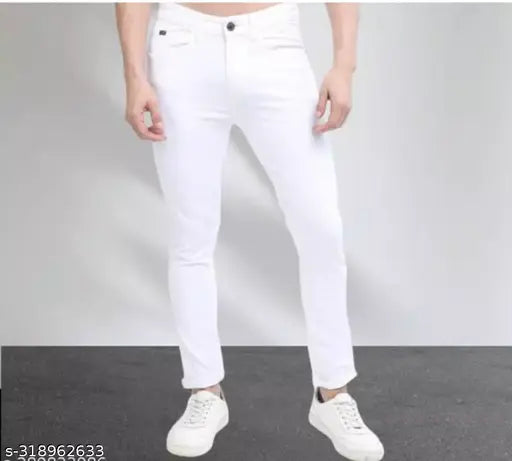 Designer latest white denim jeans, polycotton blend for casual and party wear. Solid white, comfortable fit with sizes 28, 30, 32 (waist 28in, 30in, 32in, length 39in). Made in India