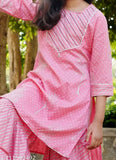 Stylish embroidered rayon kids kurta set, A-line sharara with printed three-quarter sleeves. Handcrafted mirror work on thread, sizes 3-16 years