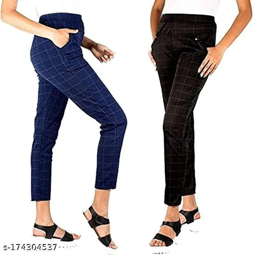 Modern check Lycra jeggings, two pairs for regular and official use. Style: 24-inch waist, 34-inch length; also available in sizes 26, 28, 30, 32, 34, free size (India origin)