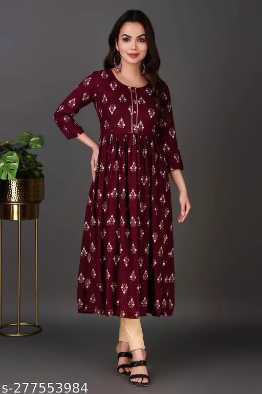 Soft rayon kurti for pregnant women, designer long sleeves, printed combo - Aishani's Voguish Kurtis, India