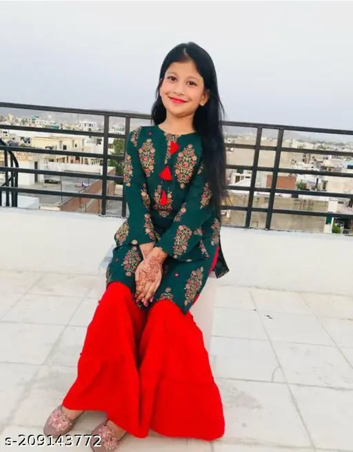 SF Green Red Baby Sharara 001 rayon straight sharara top with printed pattern, knee length, three-quarter sleeves for kids fashion, India